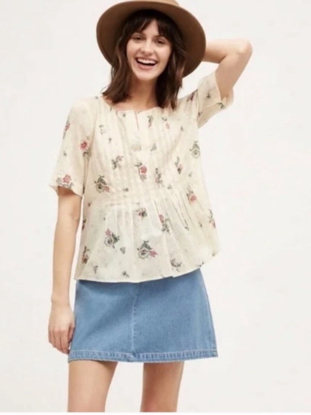 Anthropologie Maeve Ivory Orchid Island Pleated Top - Size US 6 / UK 10 / EU 38